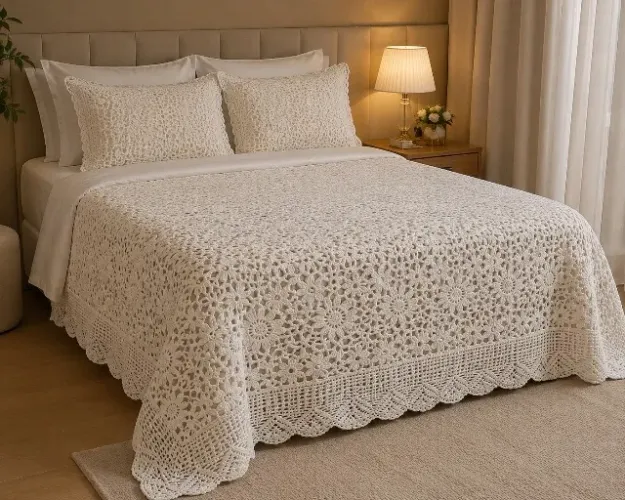 Manta em crochê com forro para cama Queen