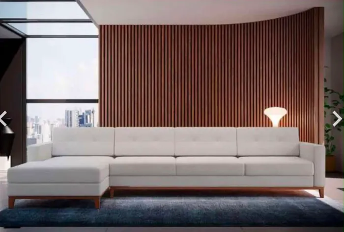 Sofá 4 lugares living com chaise esquerdo pés e base em madeira linho cotton cru