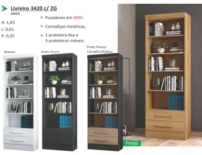 Livreiro multiuso com 2 gavetas