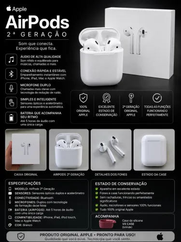 AirPods 2ª Geração Original Apple | Caixa Original + Case VX Case