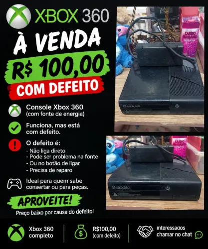 Vendo Xbox 360 sem controle sem cabo só com a fonte de energia com defeito r$ 100