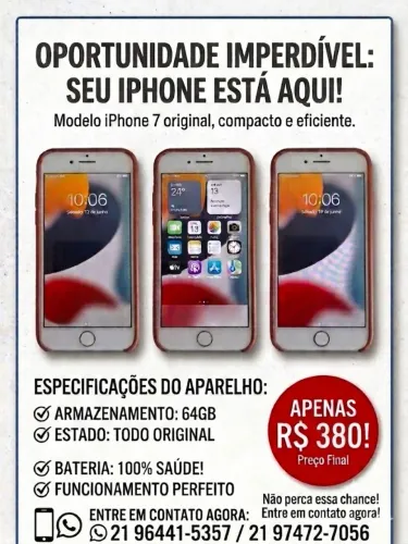 Iphone 7 perfeito, sem detalhes. Funciona tudo. 380,00