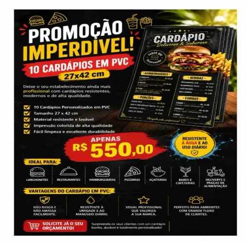 10 cardápios 27x42 cm personalizados para lanchonetes e restaurantes