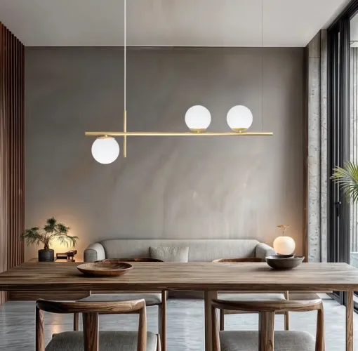 Lustre luminária pendente linear de 3 globos dourada