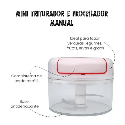Mini Picador Manual de Alimentos, Triturador Picador 170ml, 2 Lâminas em Inox, 10 peças