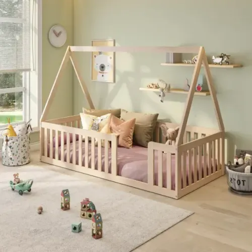 Cama Montessoriana Solteiro com Grade e Telhado Giulia Casatema MadeiraOriginals Natural/B