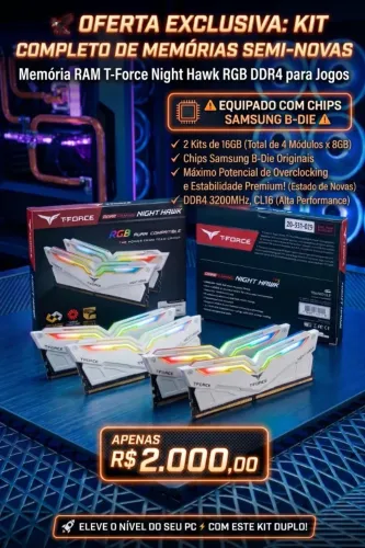 Kit DDR4 Memória RAM 32GB (4x8GB) T-Force RGB Branca - Samsung B-Die!