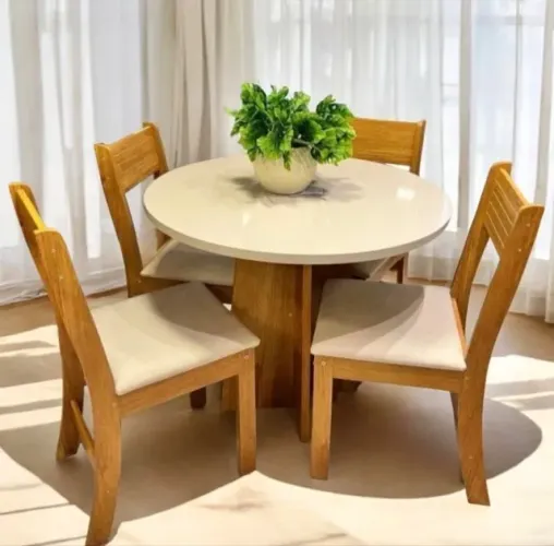 Mesa de Jantar Flipp Redonda 90cm com 4 Cadeiras Veludo Marfim