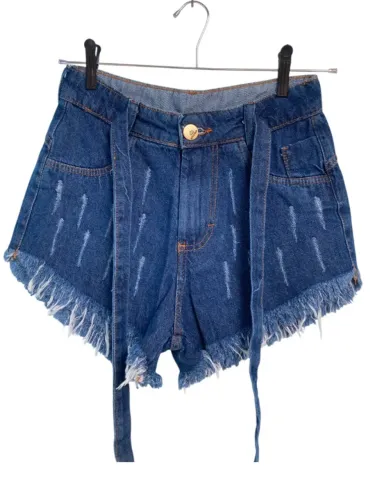 Short Jeans Escuro Desfiado Com Cinto Tamanho 36 (Novo)