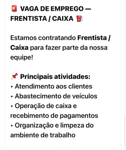 Contratamos Frentista/ Caixa