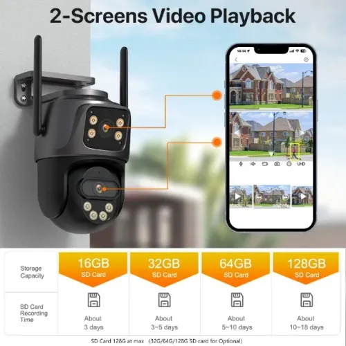 Câmera de Segurança WiFi, Lente dupla, 8MP, PTZ, ONVIF, IP