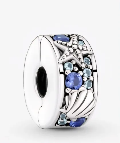 Berloque Charm Prata Clip Azul Concha e Estrela do Mar