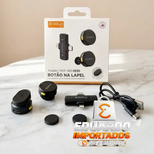 Microfone de Lapela Duplo 2x1 iPhone/ Lightning e TIPO-C, Antirruído, Ipx4, Bluetooth 5.4