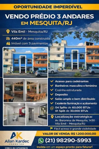 Vendo prédio 3º pavimentos, 440m². Bairro: Vila Emil, Mesquita/RJ
