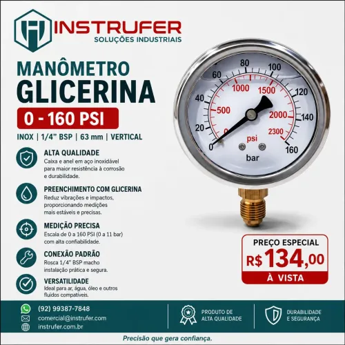 Manômetro com Glicerina 0-160 PSI Inox 63mm 1/4 BSP - Novo