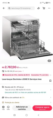 Lava louças Eletrolux inox LS08E 8 serviços 