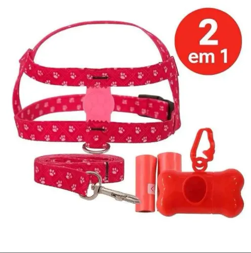 Coleira Peitoral + Guia Ajustável + Suporte c/ Saquinhos