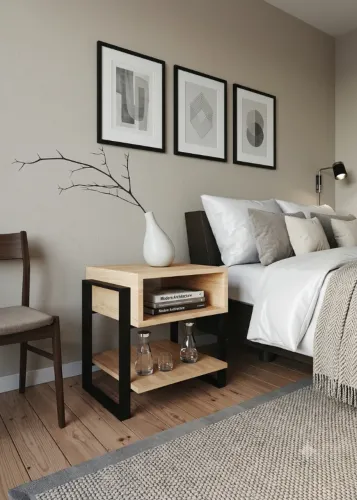 Mesa De Cabeceira Madeira Pinus E Ferro Preto Com Nicho Fosco Pinus