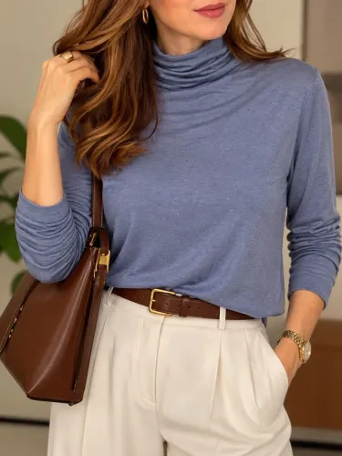 Blusa G Malha Leve Manga Longa e Gola Alta Azul com Poás Coloridos