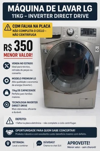 Máquina de Lavar LG 11kg Inverter Direct Drive - R$ 350 (Menor Valor)