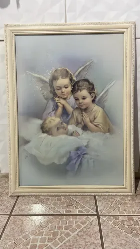 Quadro decorativo de anjos com moldura - 72 x 53 cm