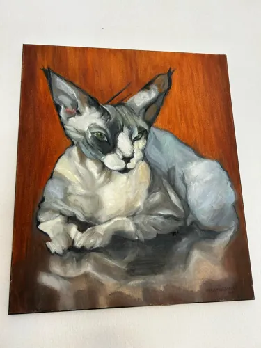 Pintura a Óleo Original Assinada - Gato Sphynx (Anna Fregapane, 2017)