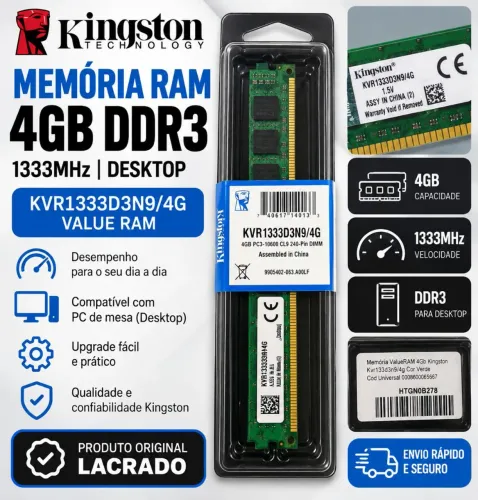 Memória RAM Kingston 4GB DDR3 1333MHz Desktop KVR1333D3N9/4G