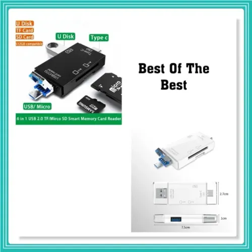 Leitor De Cartão De Memória 6 em 1, OTG, Leitor De Cartão SD, USB 2.0, Tipo C, TF, SD