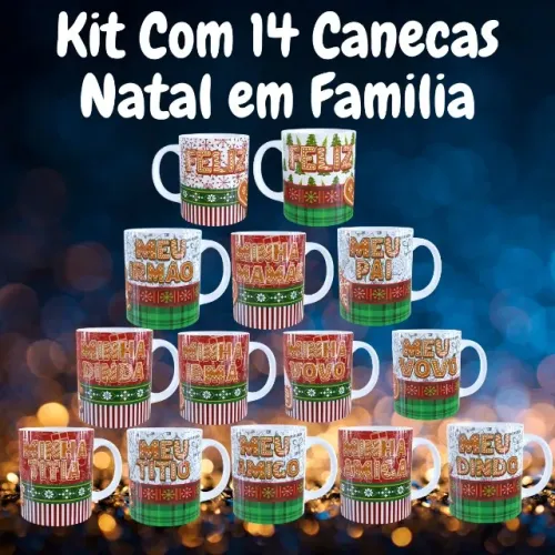 Kit 14 Canecas Natal em Família Decoração e Presentes de Natal