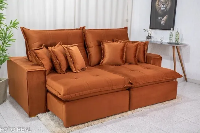 Sofá Retrátil Reclinável Ferrara 2.50m Veludo Terracota D33 e Molas Ensacadas