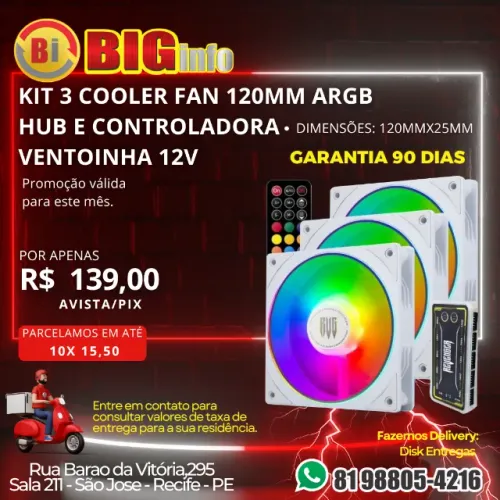 Kit 3 Cooler Fan Led RGB, 120mm Branco - Computador