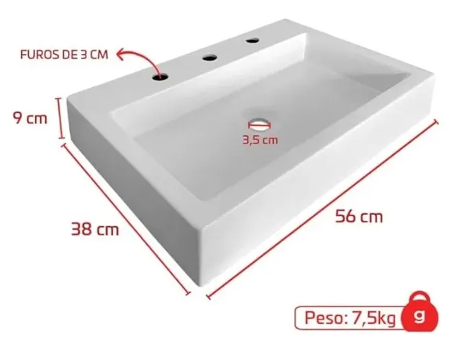 Cuba / Pia Retangular nova na caixa 56x38cm Rubi 3 Furos para Misturador