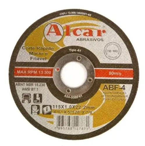 Disco de Corte Aço Inoxidável Alcar ABF-4 115x1.0x22.2mm