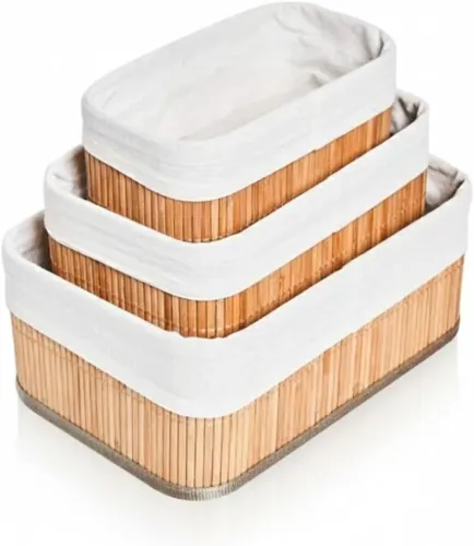 Conjunto de 3 Cestos Organizadores em Bambu com Forro, Cestos Multiuso para Armazenamento,