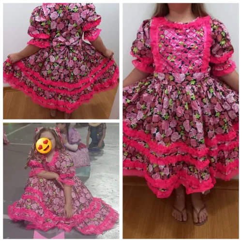 Vestido Luxo Festa Junina Infantil Floral Rosa