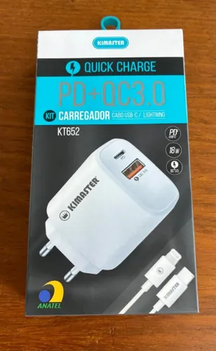 Carregador Turbo USB + PD + Cabo Type C x Lightning KT652 Kimaster - Branco