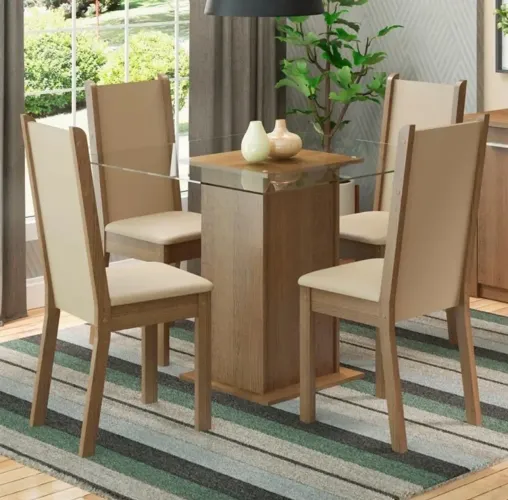 Mesa de jantar com vidro e 4 cadeiras