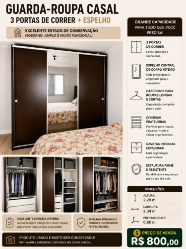 Guarda-Roupa Casal 3 Portas de Correr com Espelho
