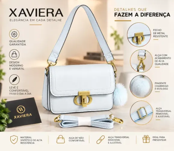 Bolsa Feminina Elegante com Alça Removível e Chaveiro Pompom Xaviera