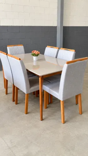 Mesa de Jantar 1,60 com Vidro Off White e 6 Cadeiras de Madeira ÚLTIMA PEÇA
