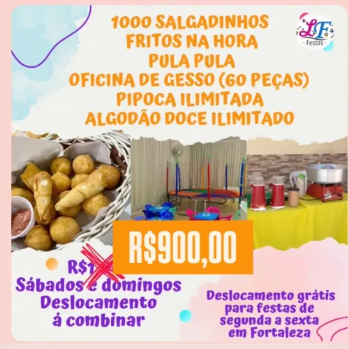 Kits promocionais, Salgadinhos fritos na hora,batata frita,pipoca, algodão doce,pula pula