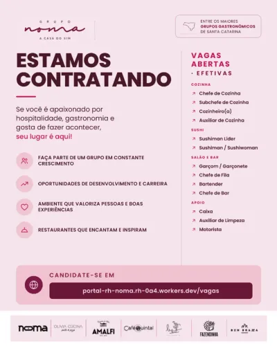 Grupo Noma contrata ? Vagas Efetivas (Cozinha, Sushi, Salão e Bar)