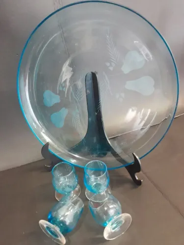 Bandeja Azul Jateada Com 4 Mini Taças Anos 60 Vintage