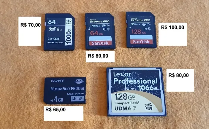 Cartões de memória sd lexar, sandisk e Sony