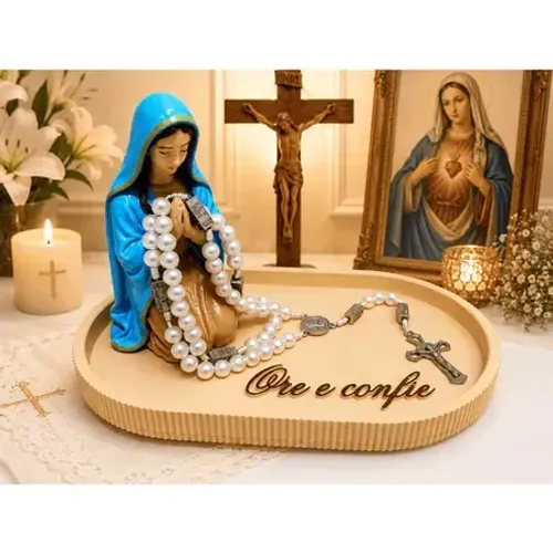 Porta Terço Nossa Senhora com Bandeja Decorativa Ore e Confie Decoração Católica Religiosa