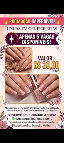Promoção de unha em gel por apenas 30,00 reais