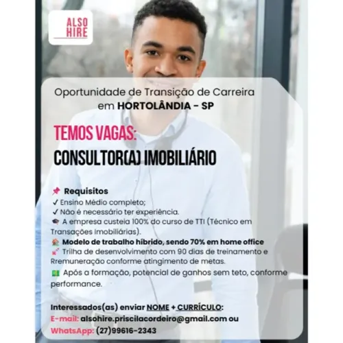 CONSULTOR(A) IMOBILIÁRIO(A) - Não é necessário ter experiência
