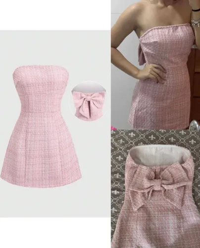 Vestido tubinho rosa tweed com laço nas costas tomara que caia sem manga (16 anos)