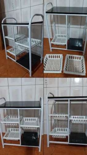 Fruteira de chão com 3 cestos removíveis e dois tampos de pedra granito