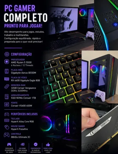 PC Gamer Ryzen 5 5500 RX 6600 8GB 32GB RAM SSD NVMe 1TB Completo
